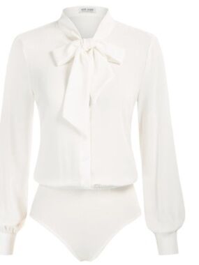 Kate Kasin White Button-Down Collared Bow Bodysuit Sz M Women
